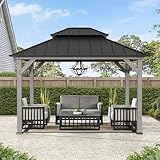 SUNJOY 10 x 12 ft. Wood Gazebo, Outdoor Patio Cedar Framed Steel Hardtop Gazebo with 2-Tier Metal Roof, Suitable for Patios, Lawn and Backyard, Matte Black Roof + Gray Wood Frame
