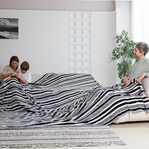 COOVA Oversized King Fleece Blanket 120x120 inches, Soft Cozy Warm Giant Extra Large 10'x10' Blanket for Bed, Sofa, Couch,Travel, Camping, California Huge Flannel Big Throw Blanket, Grey Stripes
