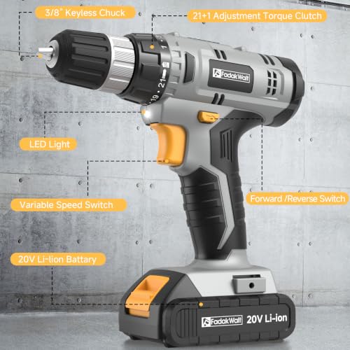 Image of FADAKWALT Cordless Drill Set, 20V Electric Power Drill With Battery And Charger, 30N Torque, 21+1 Settings, 3 /8-Inch Keyless Chuck, Driver Bits Kit, LED Light (Grey)