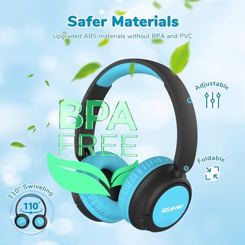 Image of iClever BTH22 Kids Bluetooth Headphones, 60H Play Time, 74 /85 dBA Safe Volume, Bluetooth 5.4, USB C, Over Ear Kids Headphones Wireless with Mic AUX Cord for iPad /Tablet /Travel /School (Black /Blue)