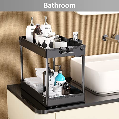 Johamoo Under Sink Organizer 2 Pack, 2 Tier Bathroom Cabinet Organizer With Hooks And Hanging Cup, Under Cabinet Organizer With Hollow Design, Under Sink Organizers And Storage For Kitchen, Black #TOP6