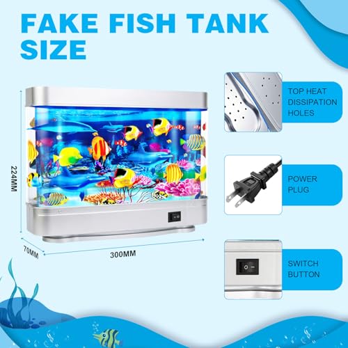 Image of Fake Fish Tank,Virtual Ocean Moving Fish lamp,Fake Aquarium Decor,Realistic Artificial Aquarium Decorations for Bedroom & Office(Sliver)