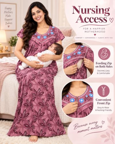 Image of Noty Women's- Maternity | Feeding | Nursing | Nighty /Maxi /Gown- Poly Viscose Knits Fabric- Embroidery, Printed, Zip on Both Sides