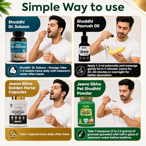 Image of Jeena Sikho Wellness Combo | Shuddhi Dr. Sukoon Tablets + Golden Horse Capsules + Shuddhi Paurush Oil + Pet Shuddhi Powder | Ayurvedic Stress Relief, Energy, Stamina, Digestion