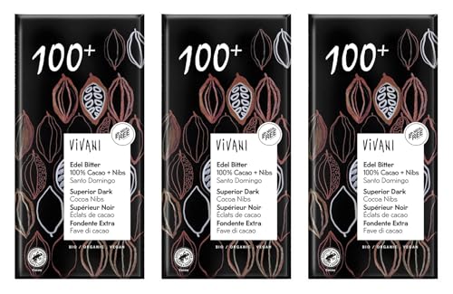 Vivani 100% Dark Chocolate Bar 80g x 3 Pack | Extra Dark Chocolate with Cocoa Nibs | Vegan Friendly | Rich & Intense Cocoa