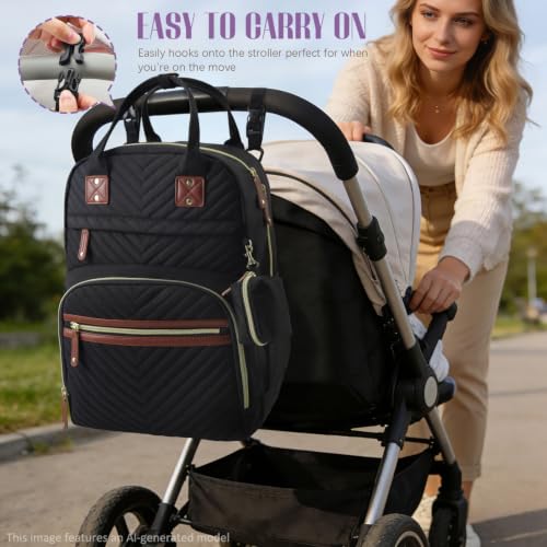 Image of Tuwubi Diaper Bag Backpack with Changing Pad,Baby Essentials, Multi function Waterproof Backpack with Stroller Straps & Pacifier Case Black