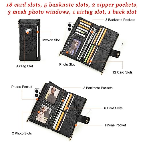Image of Contacts Turnlock Wallet for Women Leather Airtag Purse Zipper Phone Holder Rfid Bifold Clutch, Black, Minimalist