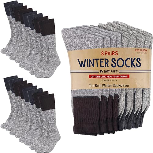 HOT FEET Winter Socks for Men – Warm Cozy Long Crew Cold Weather Boot Socks, Cotton Blend Work Mens Sock, 8 Pairs Size 6–163
