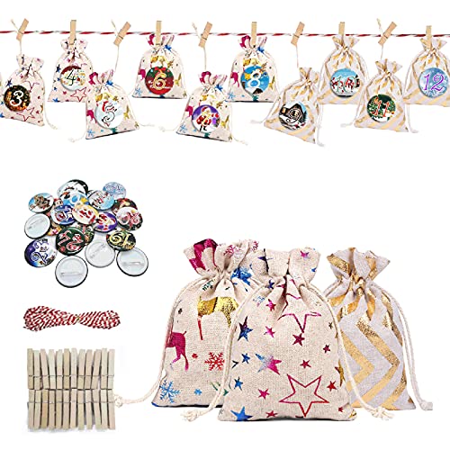 💋Walaka💋 Calendriers de l'Avent, DIY Sachets en Jute pour Calendrier de l'Avent à Remplir, Sac en Toile de Jute Pochettes Sacs Surprise Noël Sachets de Confiserie Calendriers de Noël 24PCS (A) Cover