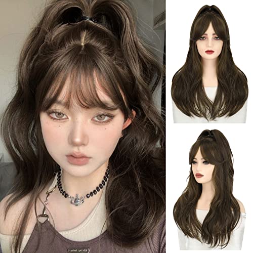 Luxclipse 24" Wavy Curly High Ponytail Wig With Bangs For