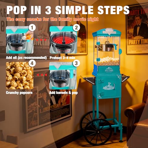 Image of 10oz Popcorn Machine with Cart - Vintage Movie Theater Style Maker - Shatterproof Acrylic and Storage Cabinet for Home Parties, Concessions - Turquoise