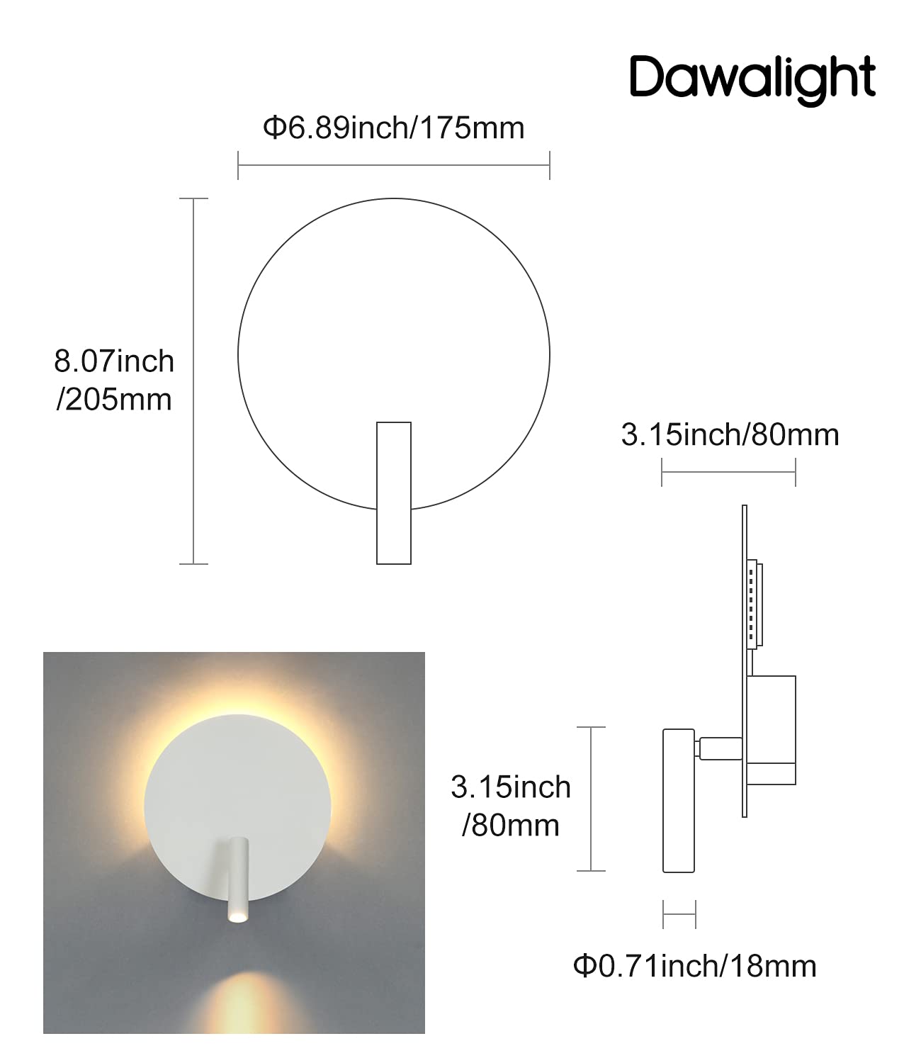 DAWALIGHT Applique Chambre Murale interieur blanche avec interrupteur et lampe de chevet lecture LED 6W+3W 3000k Blanc chaud pour livres salon, Aluminium