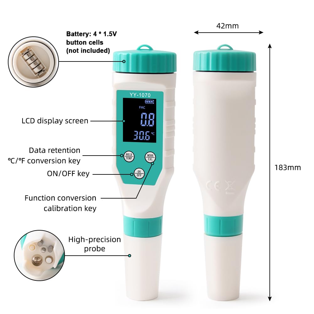 Kavolet Testeur de pH de piscine 7 en 1 - Testeur de qualité de l'eau du chlore, du pH, des solides dissous totaux, du sel, des ORP, des FAC, de la température EC - Pour eau potable, aquariums,