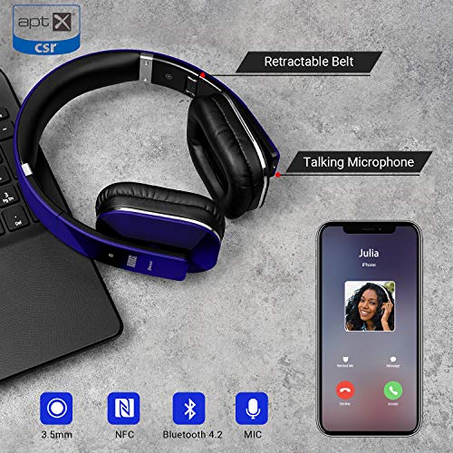 Image of August EP650 Bluetooth Wireless Over-Ear Headphones - Blue | aptX Low Latency, NFC, Multipoint Pairing, Wired Option, Built-in Microphone, Audio EQ
