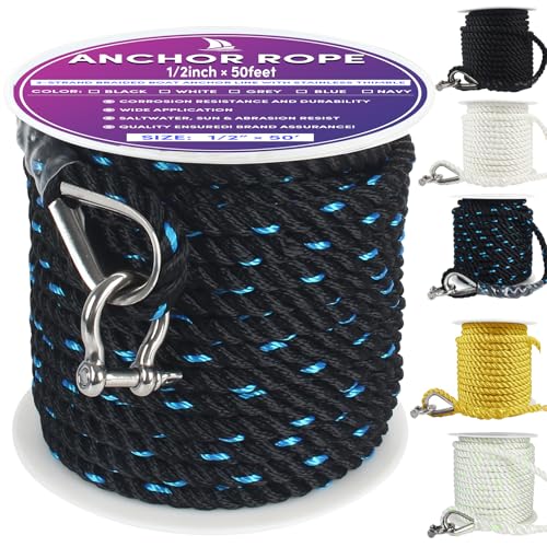 VEITHI Boat Anchor Rope 50 ft x 1/2 inch Black/Blue 3 Strand Anchor Line Anchor Rope with Stainless Steel Thimble & Shackle Ideal for Towing Docking Boats Mooring Anchoring for Boats Up to 35