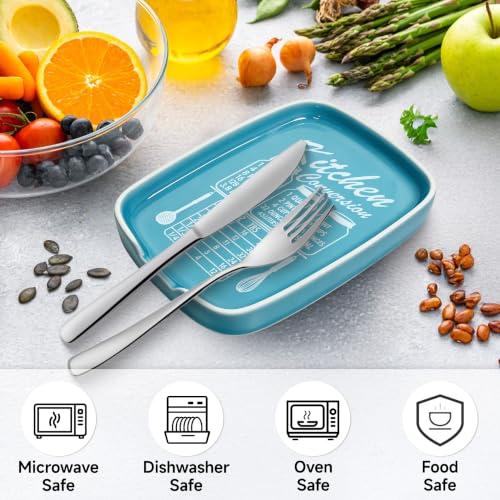 Image of Blue Spoon Rest for Stove Top, Ceramic Spoon Holder for Kitchen Counter | Funny Large Cooking Utensil Rest, Conversion Chart Modern Farmhouse Kitchen Decor and Accessories for Cooking Lovers