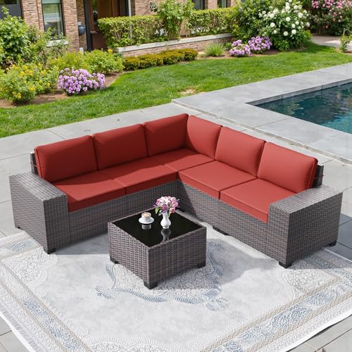 Image of 6 PCS Outdoor Patio Furniture Set,Outdoor Sectional Furniture All Weather PE Rattan Wicker Patio Conversation Set with Coffee Table and 5 Thickened Cushions,Red