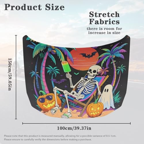 Image of Halloween Decor Car Hood Cover, Halloween Hawaii Vacation Skeleton Washable Elastic Auto Hood Protector, Funny Ghost Pumpkin Beach Skull Car Bonnet All-Season Protection