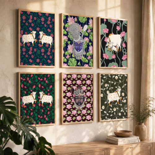 Image of kotart Traditional Indiqan Pichwai Art Digital Painting for Wall Decoration - Wall Art Prints for Living Room Bedroom Office Room Decor (13X17 INCH, B) Pack of 6