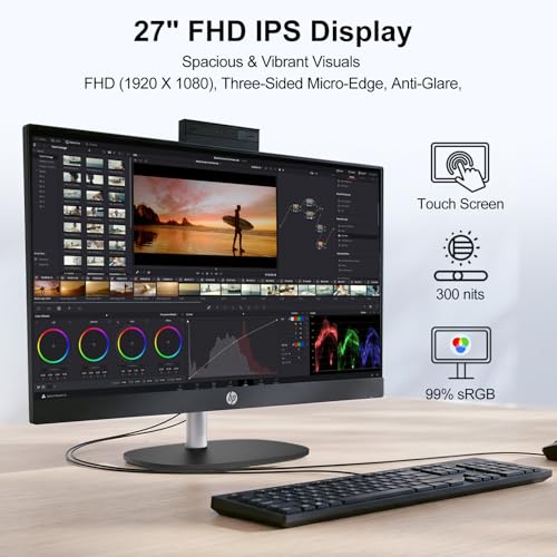 Image of HP 27 inch FHD Touchscreen All-in-One Desktop, Intel Core Ultra 5 225U(12-core), 64GB DDR5 RAM, 1TB SSD, Windows 11 Pro, Next-Gen AI PC Computer with Wired Keyboard & Mouse, Black, w / 64GB Flash Drive
