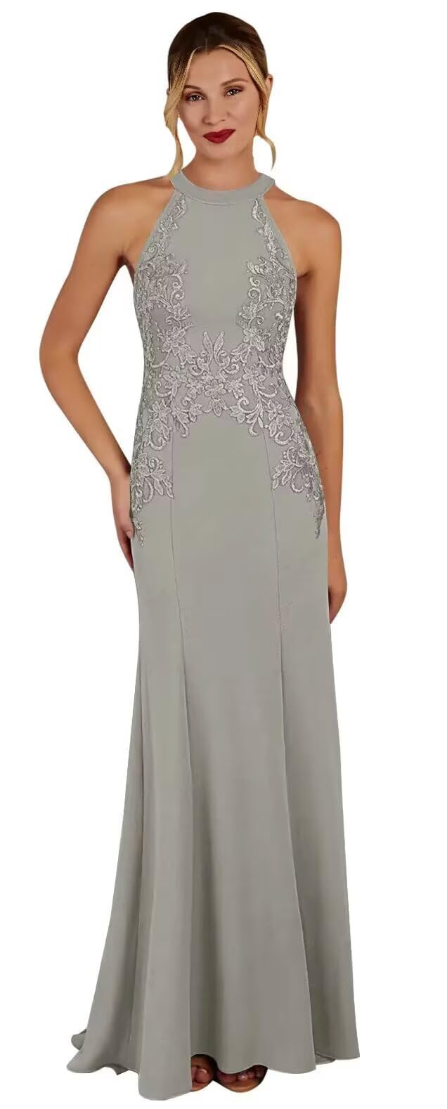 KDTM Satin Lace Mother of The Bride Dresses Long Halter Sleeveless Formal Dresses for Women Wedding Guest