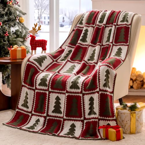Manta de punto navideña con diseño de árbol, manta para throw roja verde a cuadros clásica Breling modelo AI6187