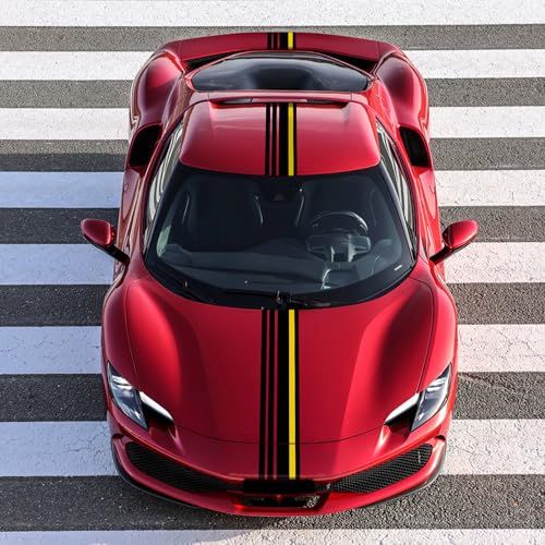 Image of TOMALL 2-Pc 85.8''x7'' Vinyl Racing Stripe Decals Sets for Car Hood Roof Trunk Auto Sports Stripe Graphics Modified Stickers for Vehicle SUV Off-Road DIY Exterior Decoration Accessories (Black /Yellow)