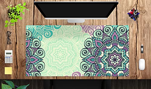 Schreibtischunterlage XXL mit integriertem Mousepad – “Mandala grün-türkis“ – aus strapazierfähigem Vinyl (Kunststoff) – 100 x 50 – Rutschfeste Schreibunterlage für besten Schutz – Made in Germany
