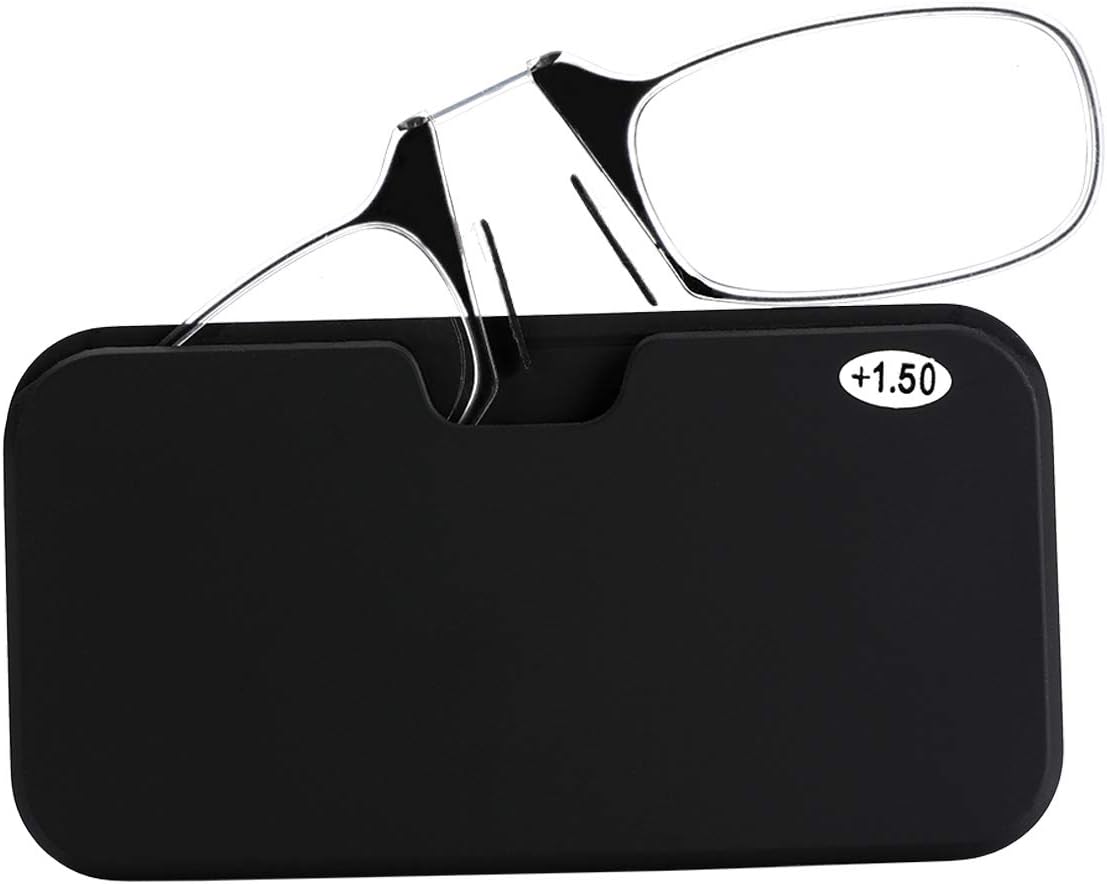 Reading Glasses Black Portable Universal Pod Case Frame 1.50 Strength Ultra-Thin Design and Flexible Nose Resting Pinching Readers with No Temple Arms for Men and Women
