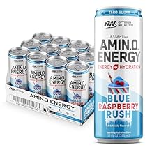 Optimum Nutrition Amino Energy Sparkling Hydration Drink, Electrolytes, Caffeine, Amino Acids, BCAAs, Sugar Free, NEW Blue Raspberry Rush, 12 Fl Oz, 12 Pack Packaging May Vary