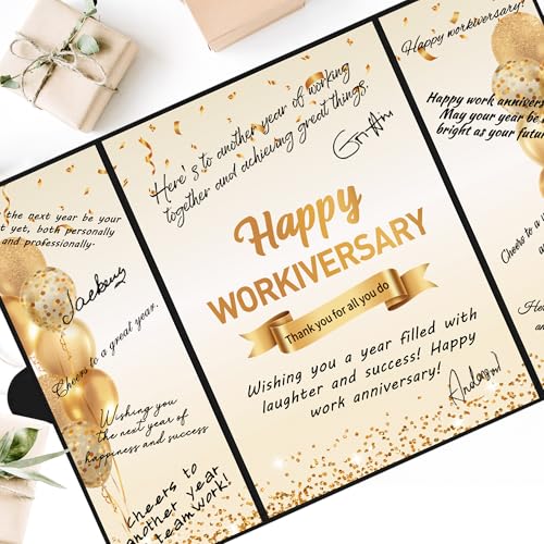 Image of DARUNAXY Black Gold Happy Workiversary Party Decorations, Happy Work Anniversary Alternative Signature Guest Book for Men Women Employee Business Gifts Signing Card Board for Office Supplies