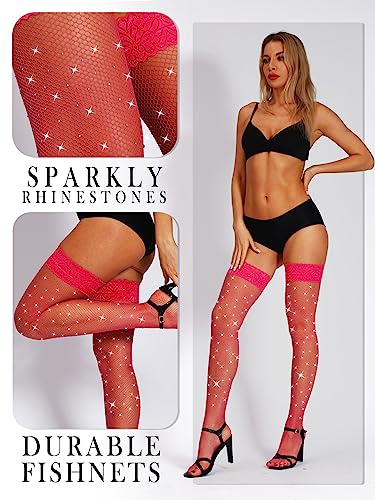 Image of SUREPOCH Sparkly Rhinestone Fishnet Thigh High Stockings for Women Silicone Lace Top