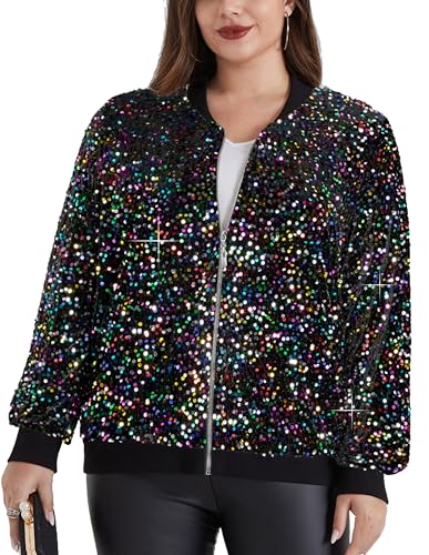 Hanna Nikole Women Plus Size Sequin Bomber Jacket Casual Long Sleeve Sparkly Blazer Bomber Jacket with Pockets for Party