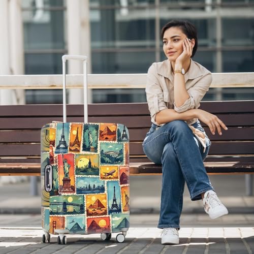 Image of Luggage Cover for Travel - World Landmark Stamp Style, Waterproof Suitcase Wrap and Luggage Protector for 28''-30'' Suitcase, L