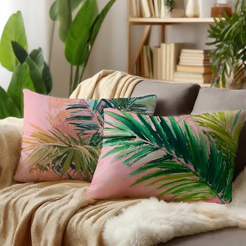 Image of Summer Pink and Green Tropical Palm Leaf Decorative Throw Pillow Cover Decor 20x12,Palm Leaf Botanical Decorative Lumber Beach Plant Throw Pillow Cover for Cabin Couch Double-Sided Set of 2