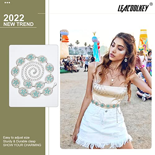 Image of LEACOOLKEY Women Turquoise Concho Chain Waist Belt Silver Western Cowgirl Metal Chain Belt for Dress Adjustable