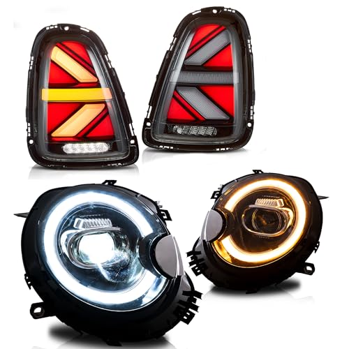 VLAND Front Headlights + Tail Lights Assembly Set, Compatible with Mini Cooper R56 R57 R58 R59 2007-2013, w/Startup Animation & Sequential Turn Signal (Clear)