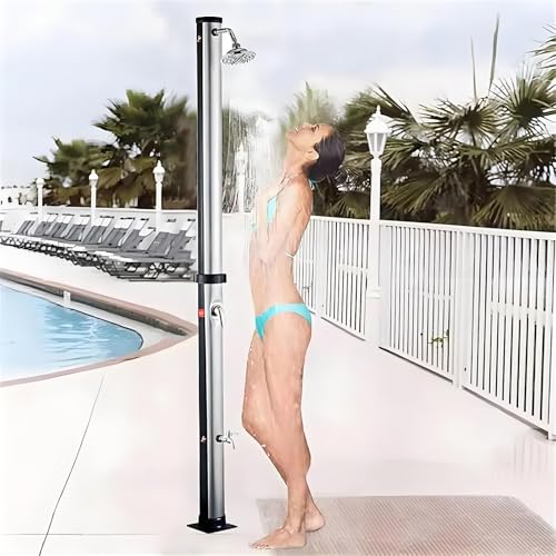 Ducha solar para exteriores con cabezal de ducha giratorio de 360°, diseño independiente, conexión de manguera de jardín y ducha de pie para piscina y playa