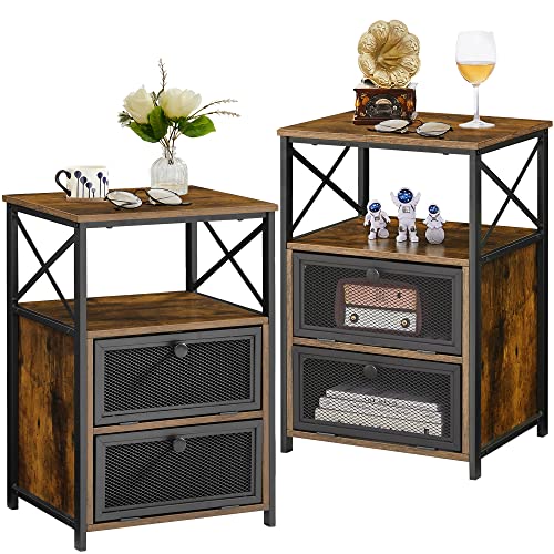 Vecelo Modern Night Stand, End Side Table With Storage Space And Door, Nightstands With Flip Drawers For Living Room,Bedroom,Lounge,Set Of 2, Rustic Brown #TOP30