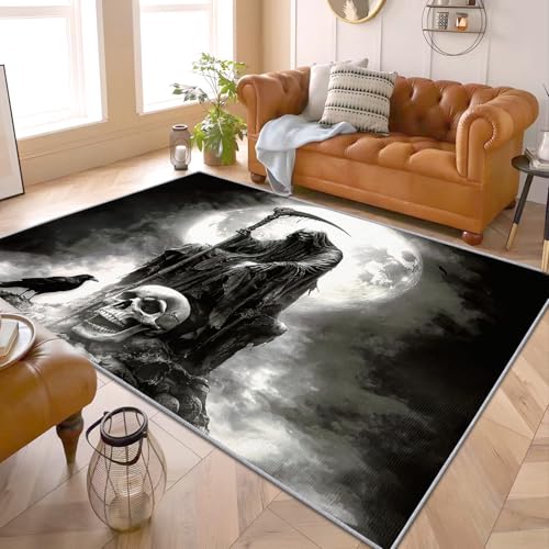Image of PaxGloz Gothic Decor - Gothic Skull Crow Rug, Grim Reaper Rugs for Living Room Bedroom, Washable Non Slip Soft Small Carpet, Patterned Area Rugs & Home Decor 50x80 cm