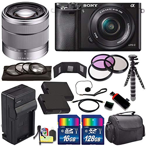 Sony Alpha a6000 Mirrorless Digital Camera with 16-50mm Lens (Black) + Sony SEL 1855 18-55mm Zoom Lens + 144GB Bundle 16 - International Version (No Warranty)