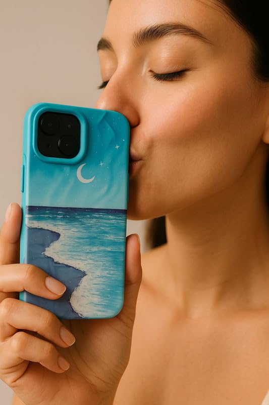 Image of COVERLY for iPhone 14 Plus Aesthetic Ocean Wave Sky Design Mobile Back Case Cover, Luxury Texture Trendy Cute Blue Sea Moonlight Cool Design -Shade 3D Wrinkle Princess Cover for Apple iPhone 14 Plus