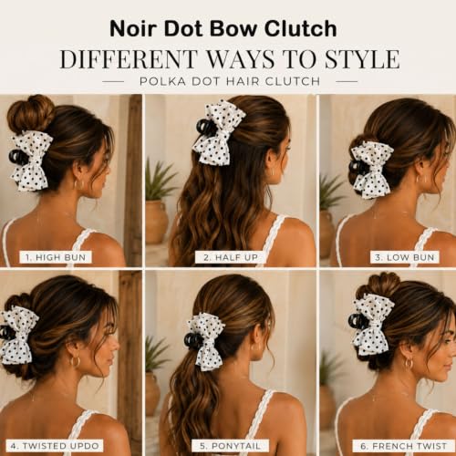Image of Young & Forever Polka Dot Bow Hair Claw Clip for Women & Girls - Large Korean Style Fabric Bow Hair Clips for Thick Hair, Elegant French Design Hair Accessories for Party, Casual & Office Wear - White & Black