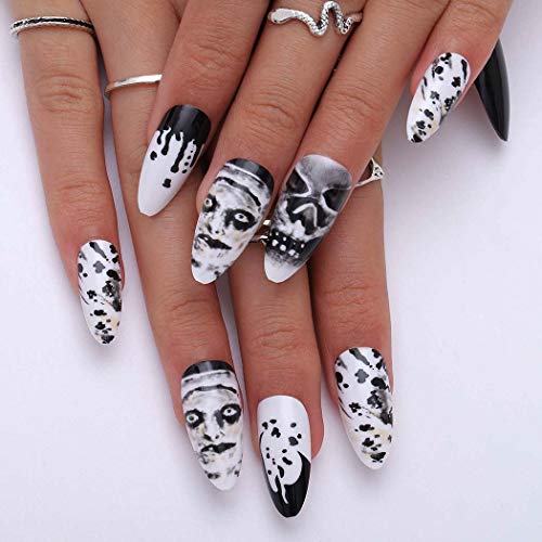 Bmadge Gothic Skull Press on Nails Black Glossy Stiletto Fake Nails Super Long Full Cover False Nails Tips Punk Acrylic Art Nails Sets for Women and Girls 24Pcs (Black B)