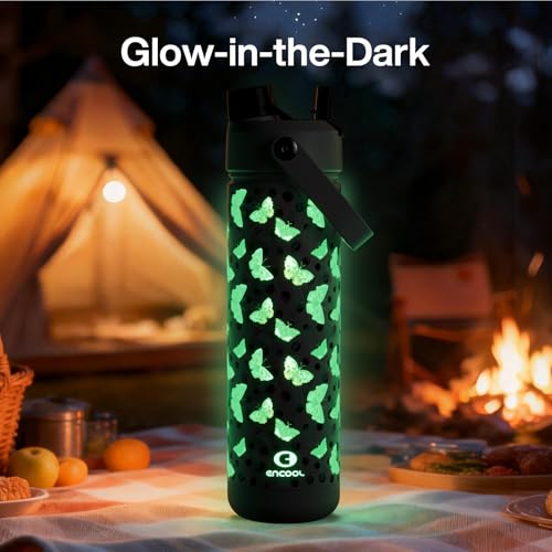 Image of ENCOOL Insulated Water Bottle with Straw Stainless Steel Water Bottle, Glow in the Dark, Leak-Proof, BPA-Free, Keeps Cold for 24 Hours for Sports, Travel, School (26 oz, White Butterfly)