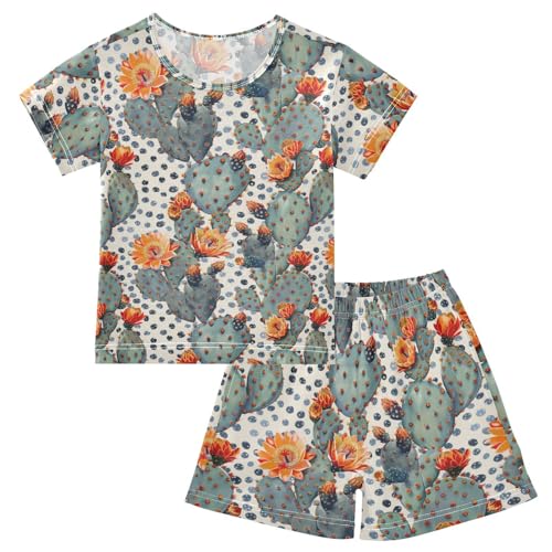 ALAZA Cactus Flowers Dots Pajama Set Short Sleeve Sleepwear Soft Lounge Nightwear