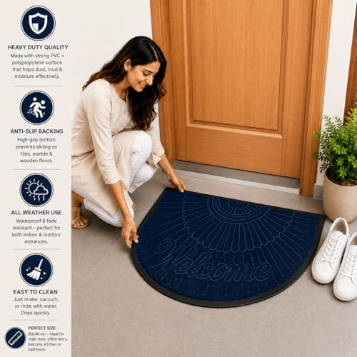 Image of DecorTwist PVC Door Mat 60x40 cm | Heavy Duty Indoor Outdoor Entrance Mat | Anti-Slip Rubber Back | Waterproof Dust & Dirt (Style 3 [ Blue ], Half Round PVC Door Mat 80x40 cm, Pack of 1)