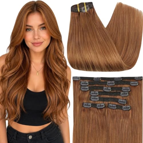 Full Shine Hair Extensions Real Human Hair Clip ins Auburn Brown