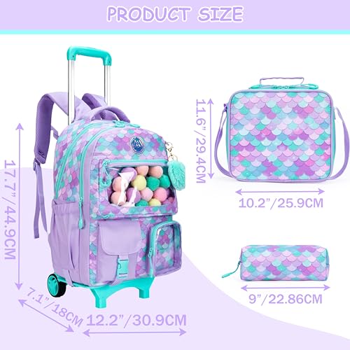 Girls 3 in 1 Rolling Backpack for School Girls Backpack with Wheels Girls Backpack with Lunch Box Set Kids Suitcase for Girls Elementary School Roller Bookbag Kids Travel bag with Wheels2