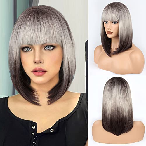 FAELBATY Short Straight Bob Wig, 14" with Air Bangs, Brown Blonde Ombre, Shoulder Length